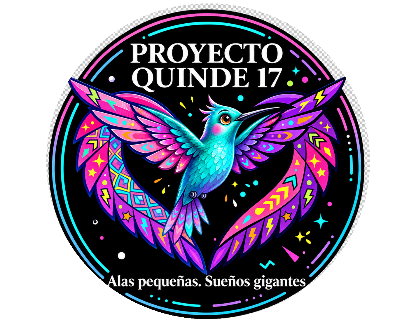 Sello del Proyecto Quinde 17: un colibrí con alas en forma de corazón